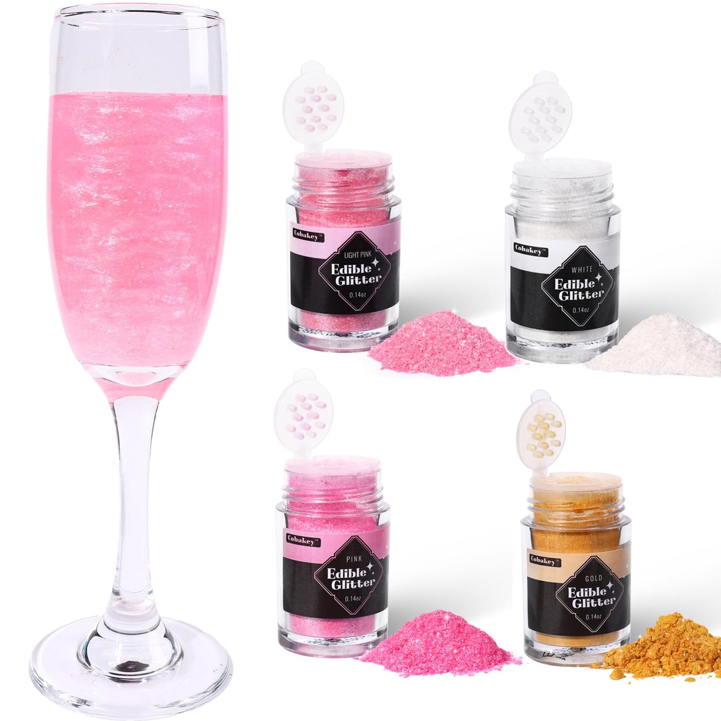 Cobakey Edible Glitter for Cocktails, 4g Pink Glimmer Powder, Food Grade Metallic Coloring, 4 Color Set