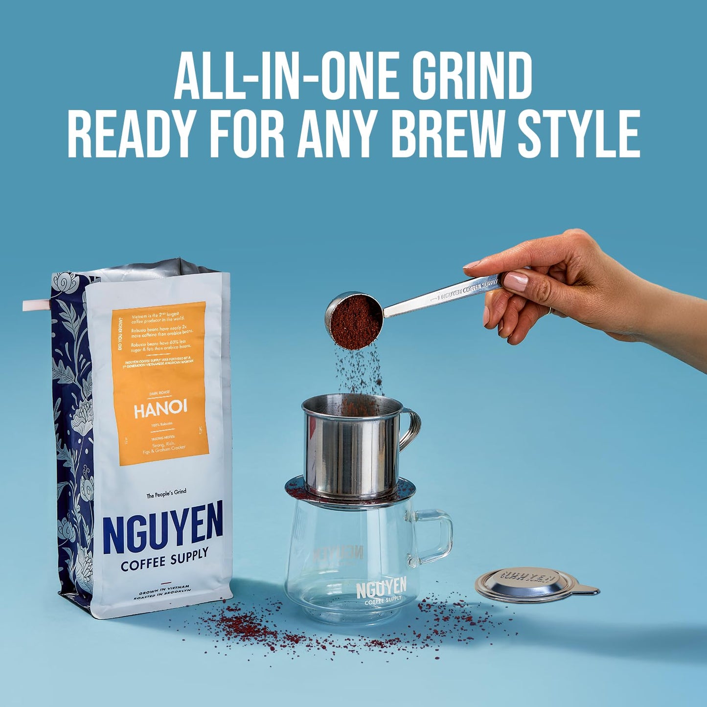 Nguyen Coffee Supply Hanoi Robusta Dark Roast Ground Coffee, Low Acid, High Caffeine, 12 oz Bag