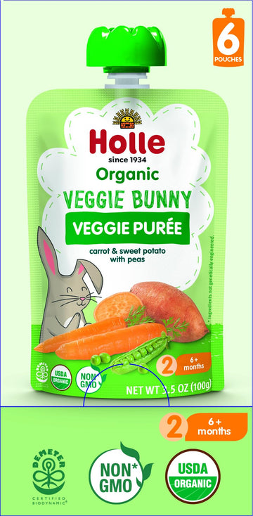 Holle Organic Baby Food Pouches - Veggie Bunny Baby Puree With Carrots, Peas And Sweet Potato - (6 Pack) Organic Baby Snacks + F