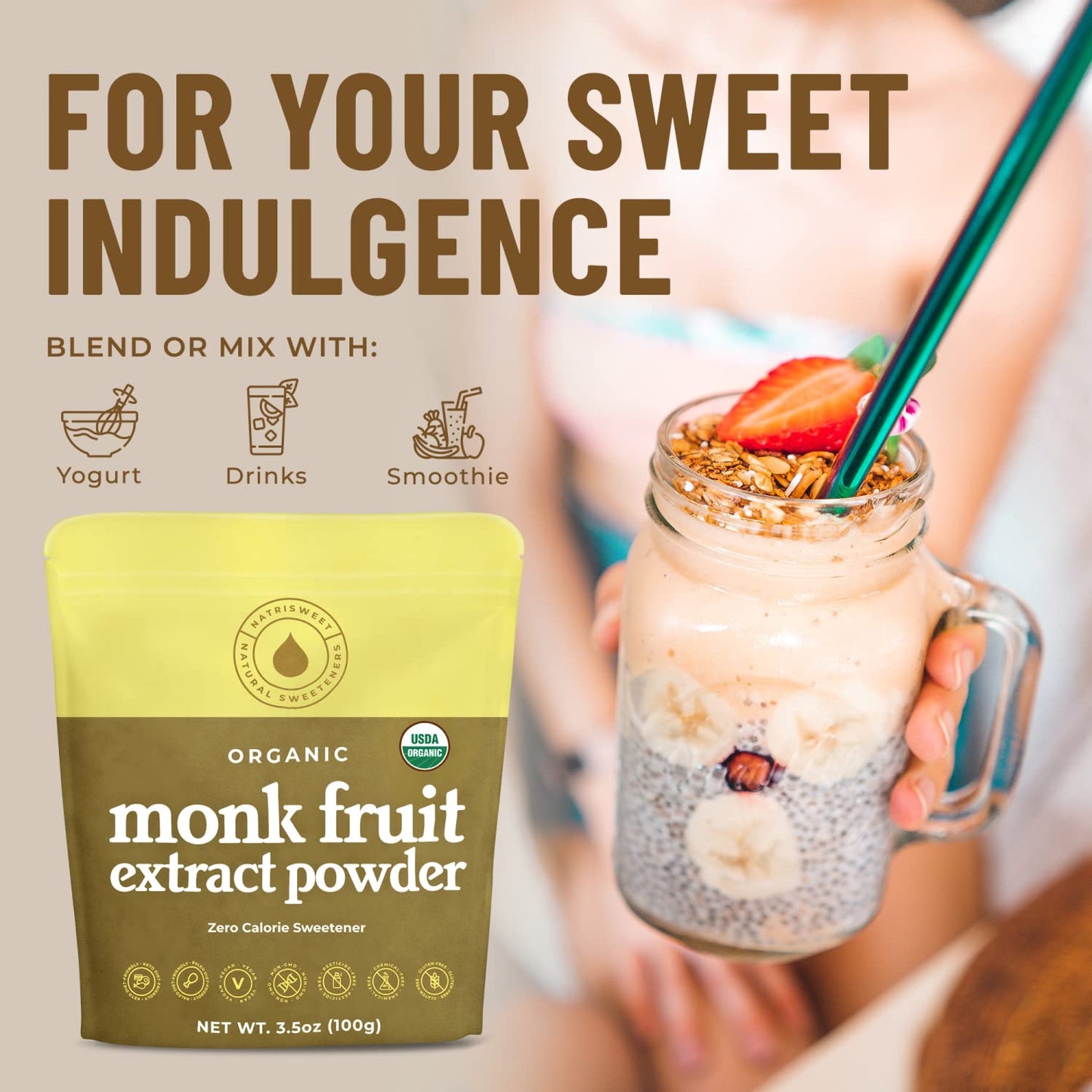 Natrisweet Organic Monk Fruit Extract, 3.5 Oz, Pure Monk Fruit Sweetener Organic With No Erythritol, No Fillers, Zero Calories,