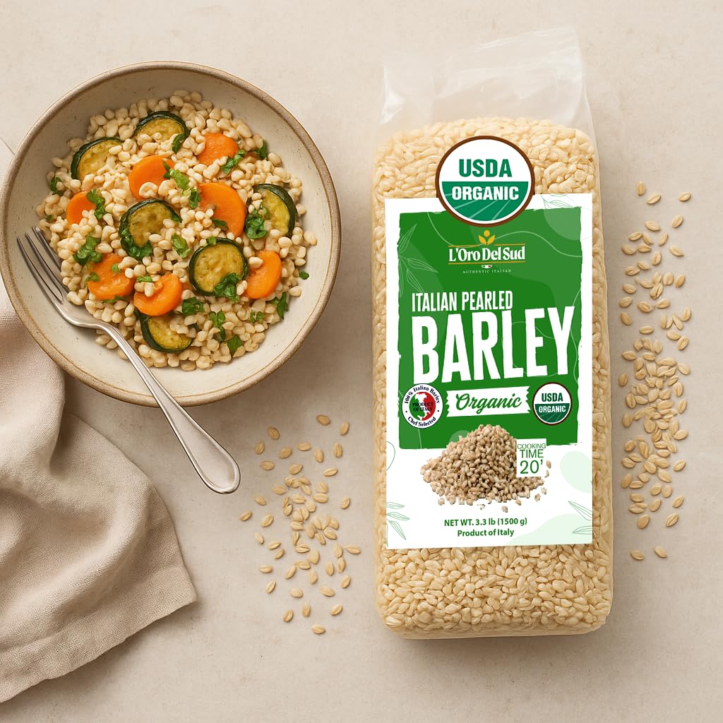 LOro Del Sud Organic Pearled Barley, Whole Grain, 3.3 lb (1.5 kg), USDA Certified, Mediterranean Diet Friendly, Product of Italy