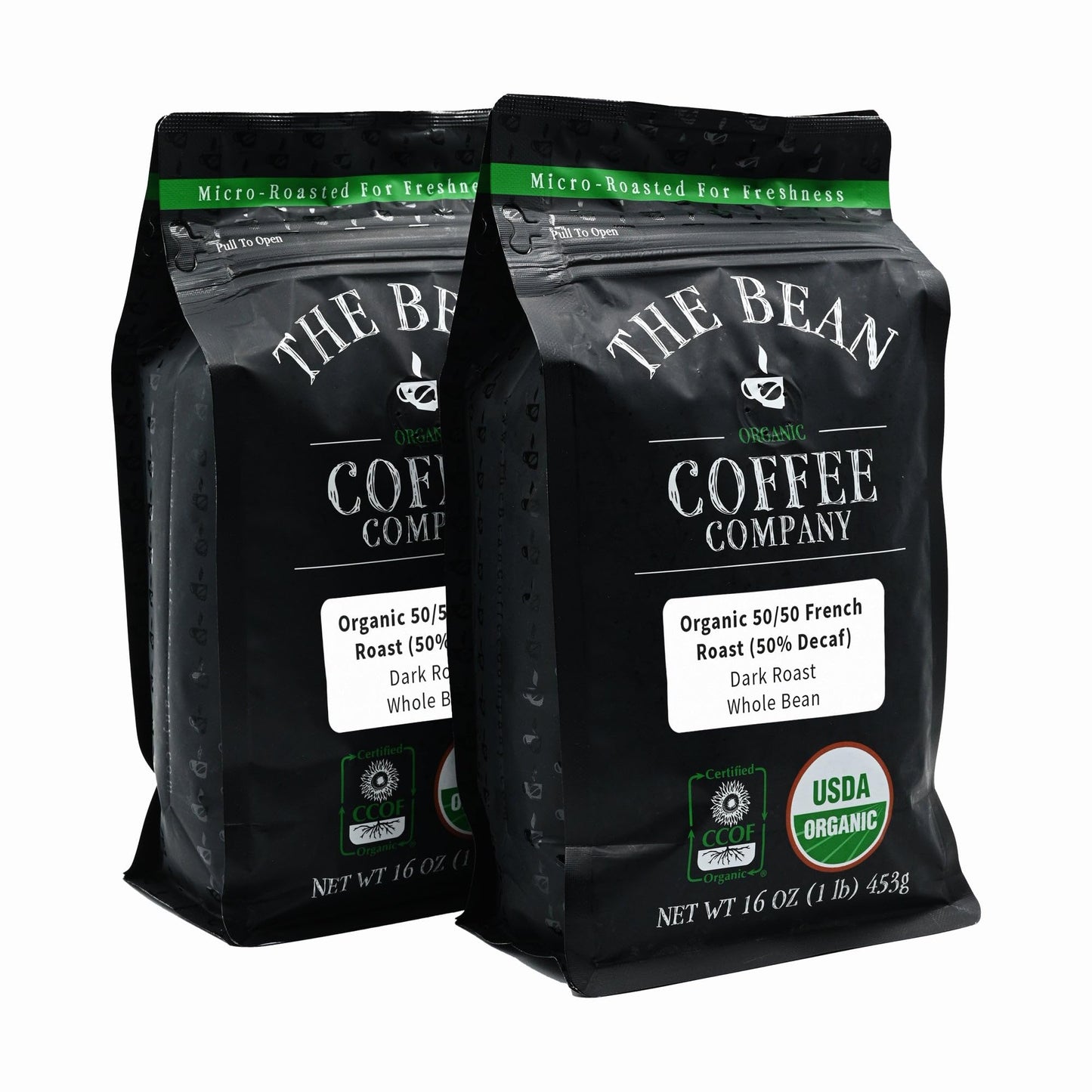The Bean Organic Coffee Company French Roast 50% Decaf Whole Bean Coffee, 16-Ounce Bag (Pack of 2), USDA Organic Certified