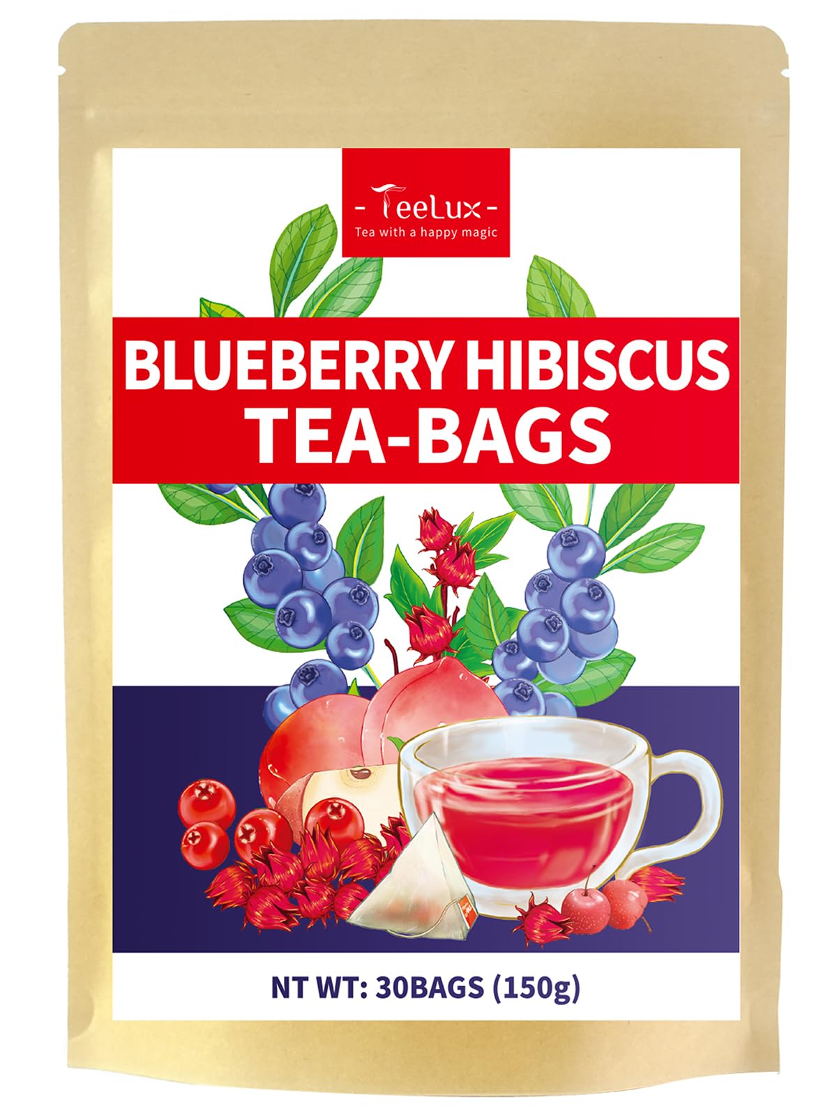 TeeLux Blueberry Hibiscus Tea Bags, Caffeine Free, 30 Count, Light Sweet & Tarty Taste