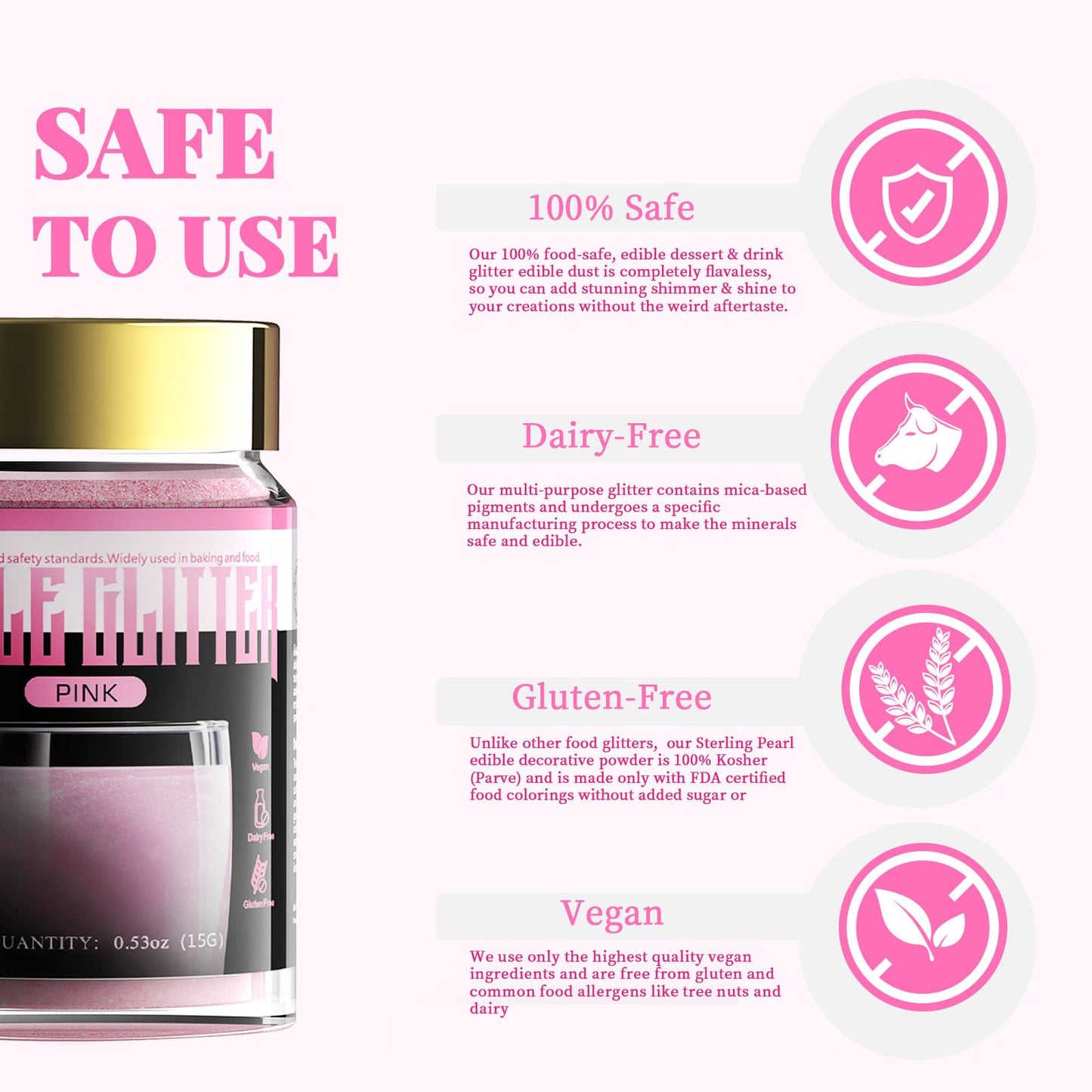 LOCDO Edible Glitter, Food Grade Luster Dust, Vegan, Allergen-Free, Large 15G, Pink