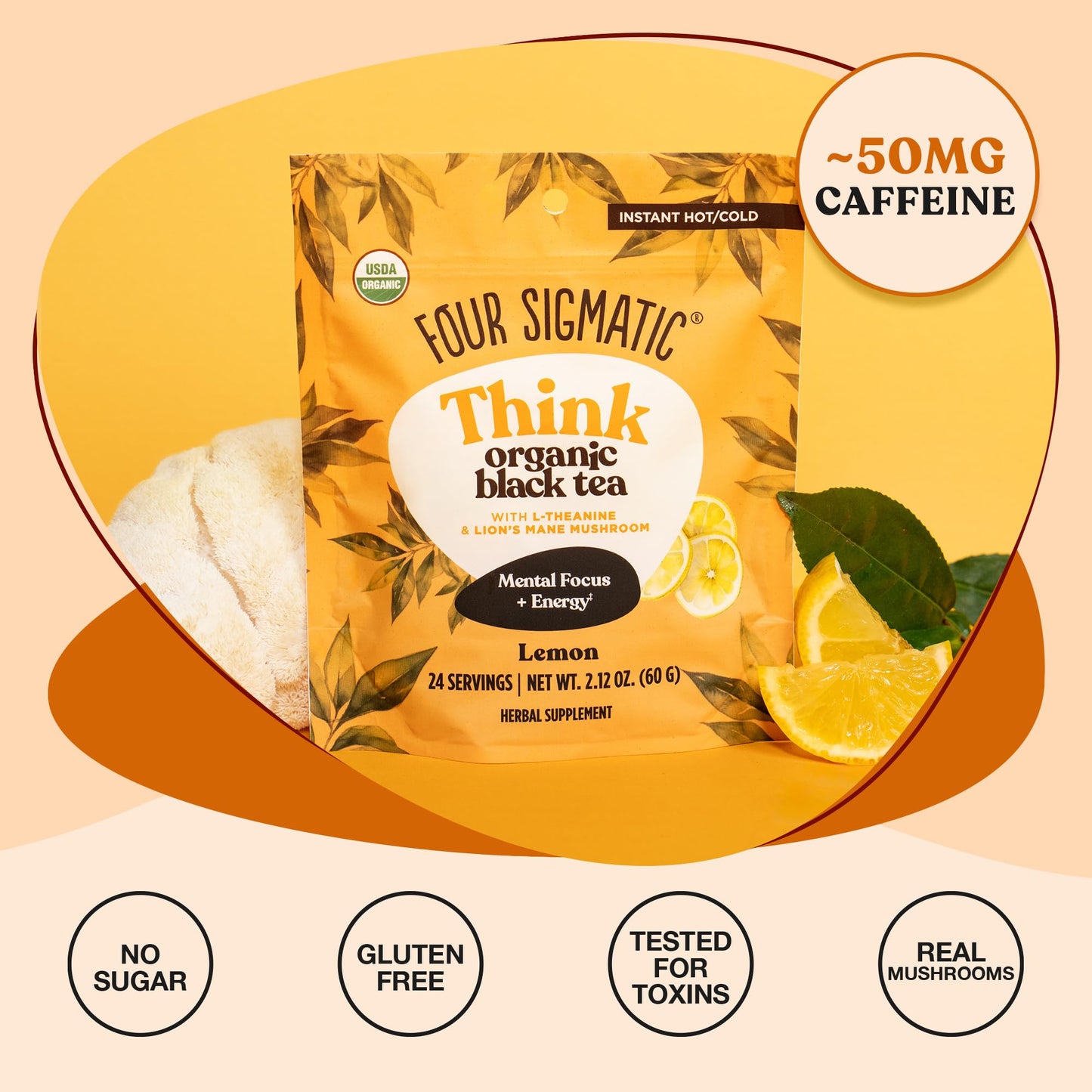 Four Sigmatic Think Organic Black Tea | Instant Organic Lemon Tea W/Lion'S Mane & L-Theanine For Mental Clarity & Focus | Organi