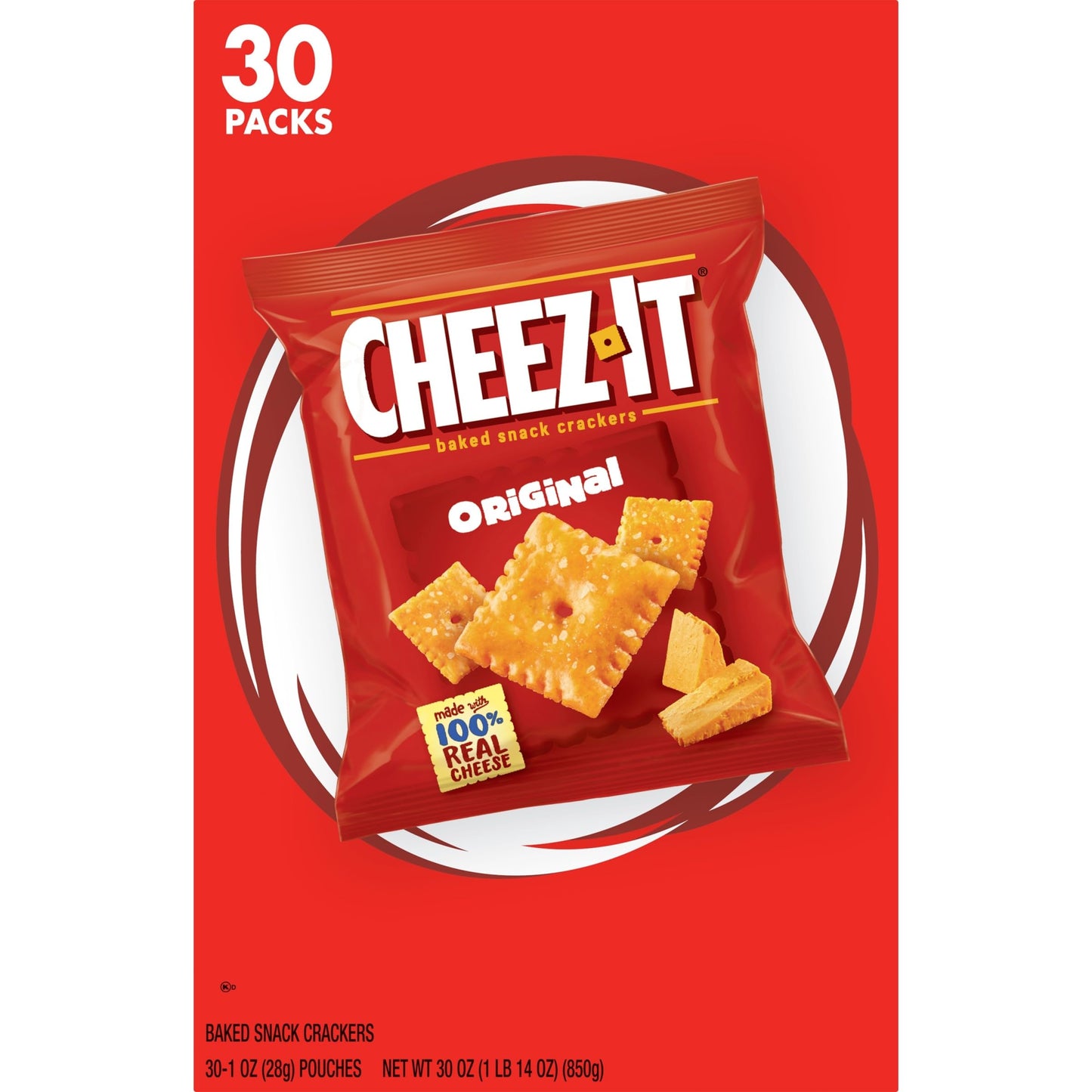 Cheez-It Cheese Crackers, Baked Snack Crackers, Lunch Snacks, Original, 30oz Box (30 Packs)