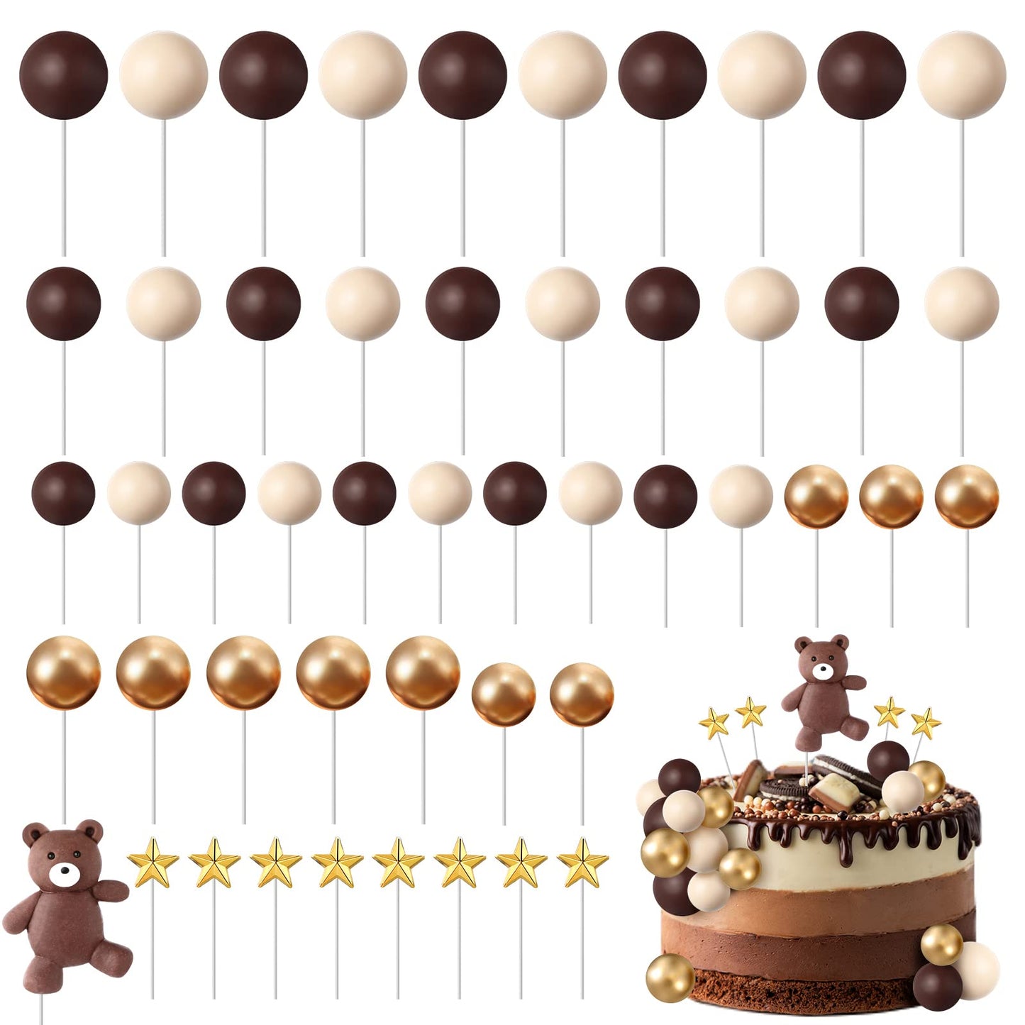 51 Pcs Bear Balls Cake Topper Mini Balloon Cake Topper Colorful Foam Pearl Ball Star Shaped Cake Toppers For Birthday Party Wedd