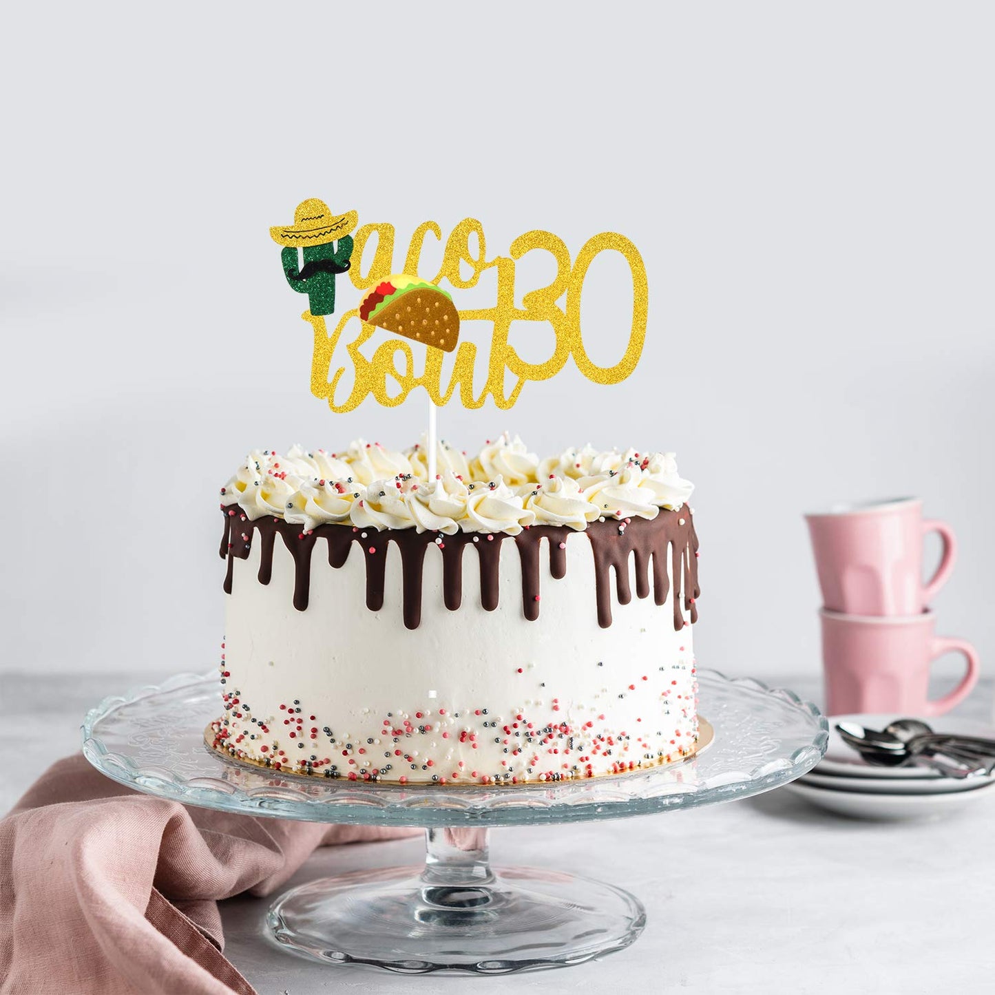 Caiwowo Taco Bout 30 Birthday Cake Topper, Gold Glitter, Fiesta Party Decoration, Paper, Model 1