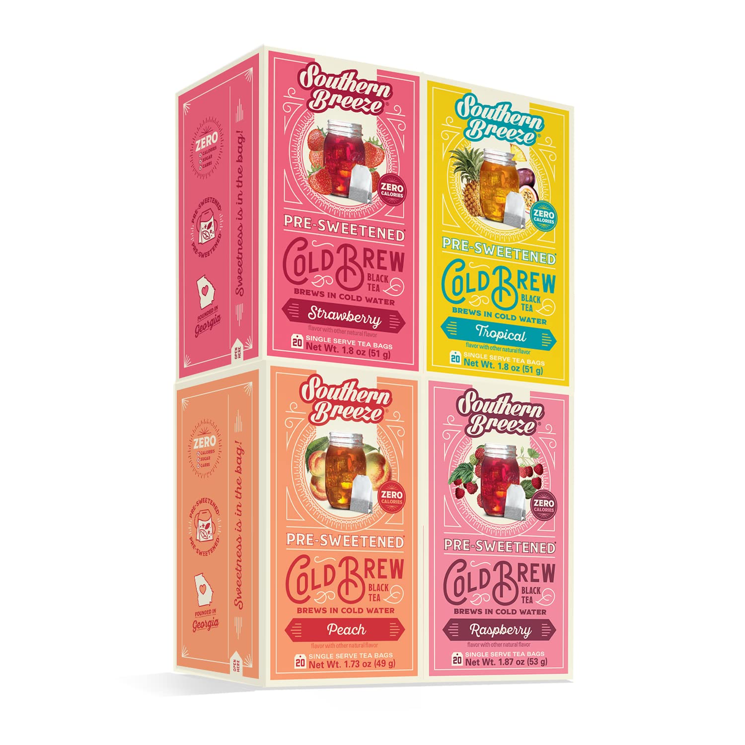 Southern Breeze Cold Brew Sweet Tea Variety Pack Iced Tea With Black Tea And Zero Carbs Zero Sugar, 20 Individually Wrapped Tea Bags, Pack Of 4 Strawberry, Peach, Raspberry And Tropical