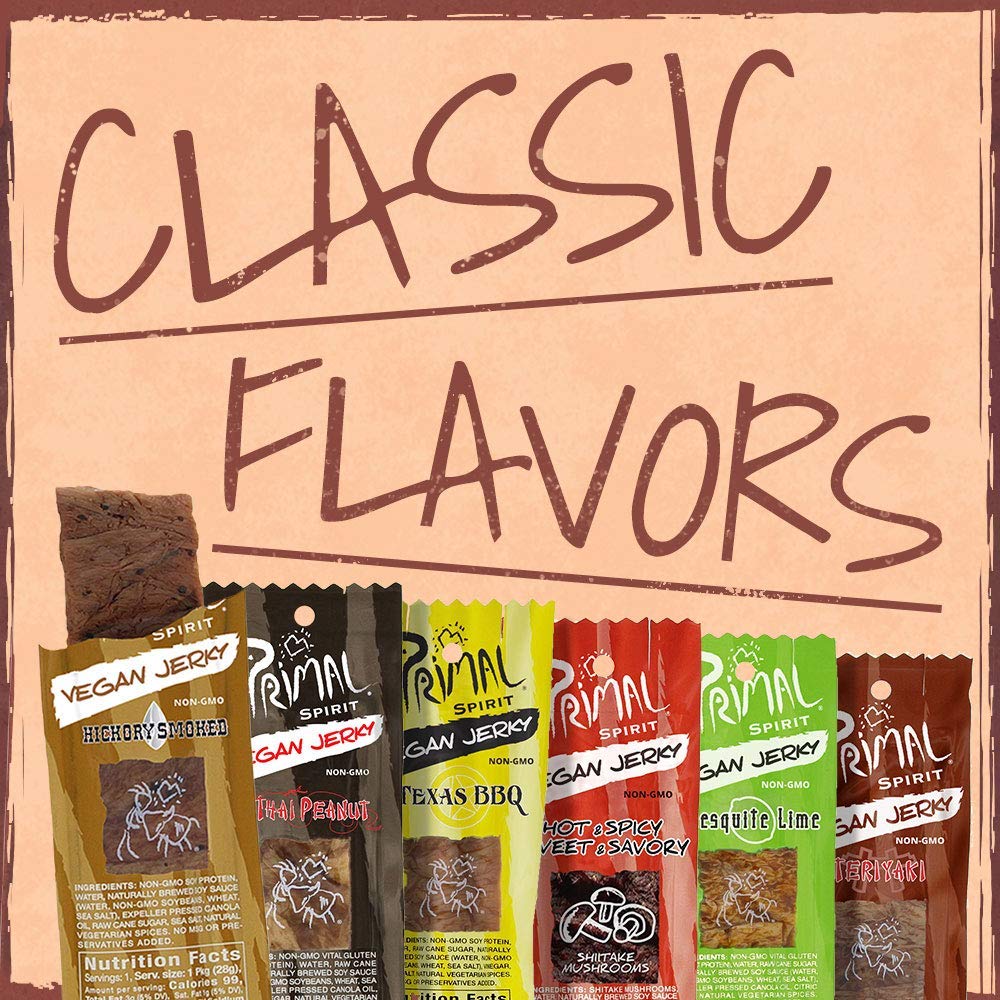 Primal Spirit Vegan Jerky Sampler Pack - 10g, Plant-Based Protein, Non-GMO, 18-Pack, Thai Peanut, Mesquite Lime, Teriyaki, BBQ, Spicy