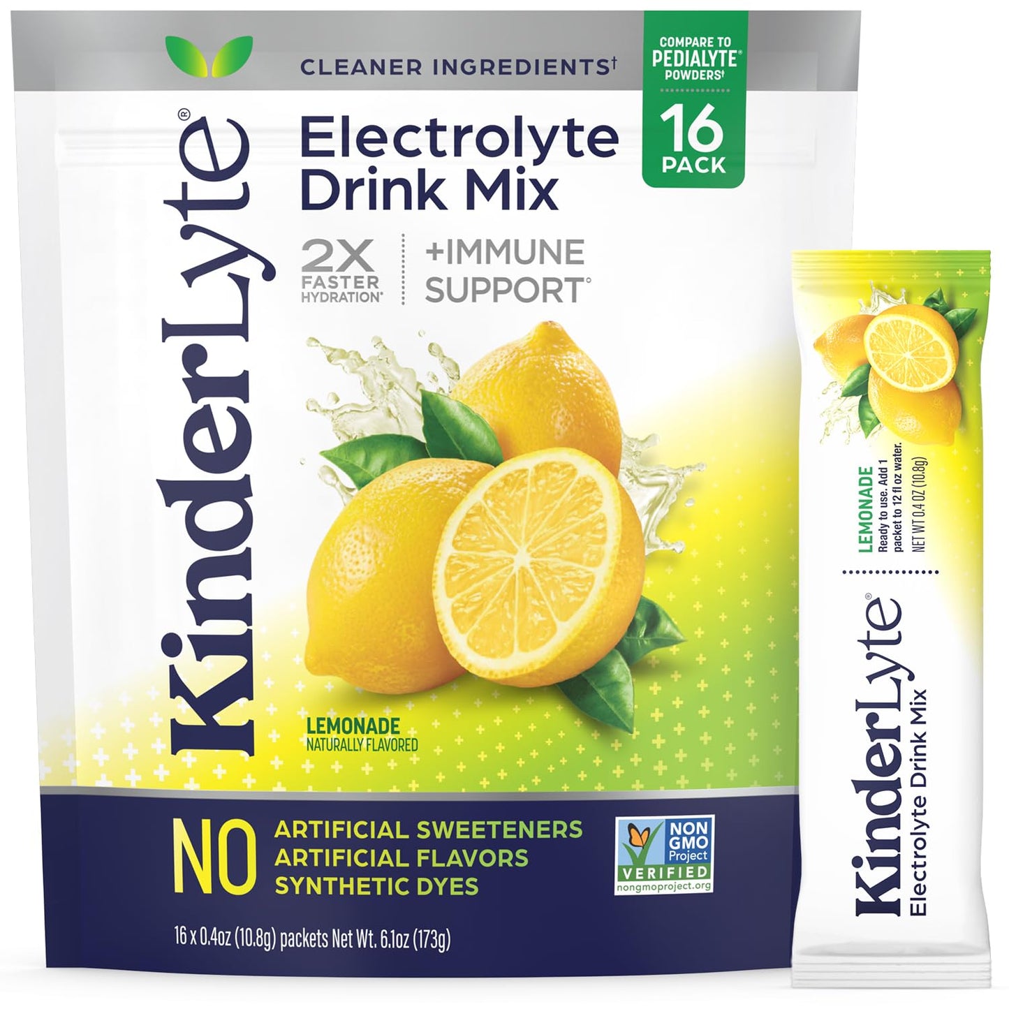 Kinderlyte Electrolyte Powder for Kids and Adults - Drink Mix Hydration Packets (Lemonade, 16 Count), No Artificial Sweeteners o