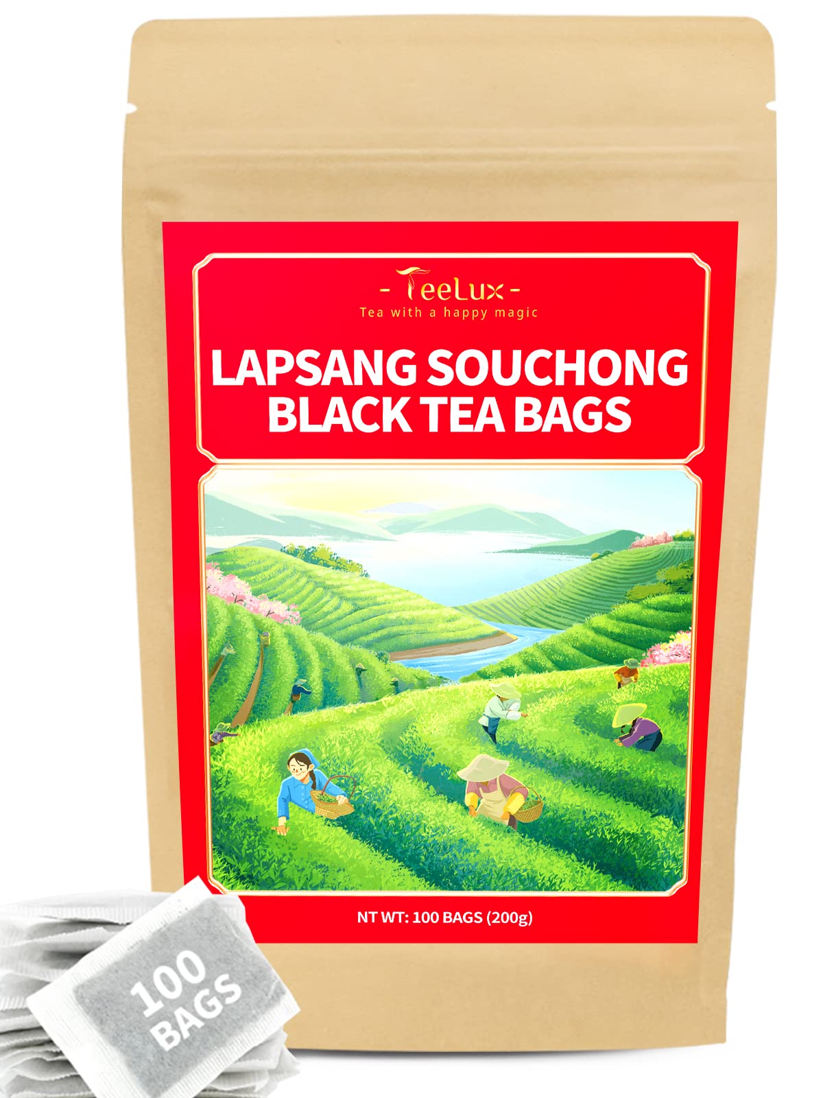 TeeLux Lapsang Souchong Tea Bags, Premium Smoked Black Tea, Caffeinated, 100 Count