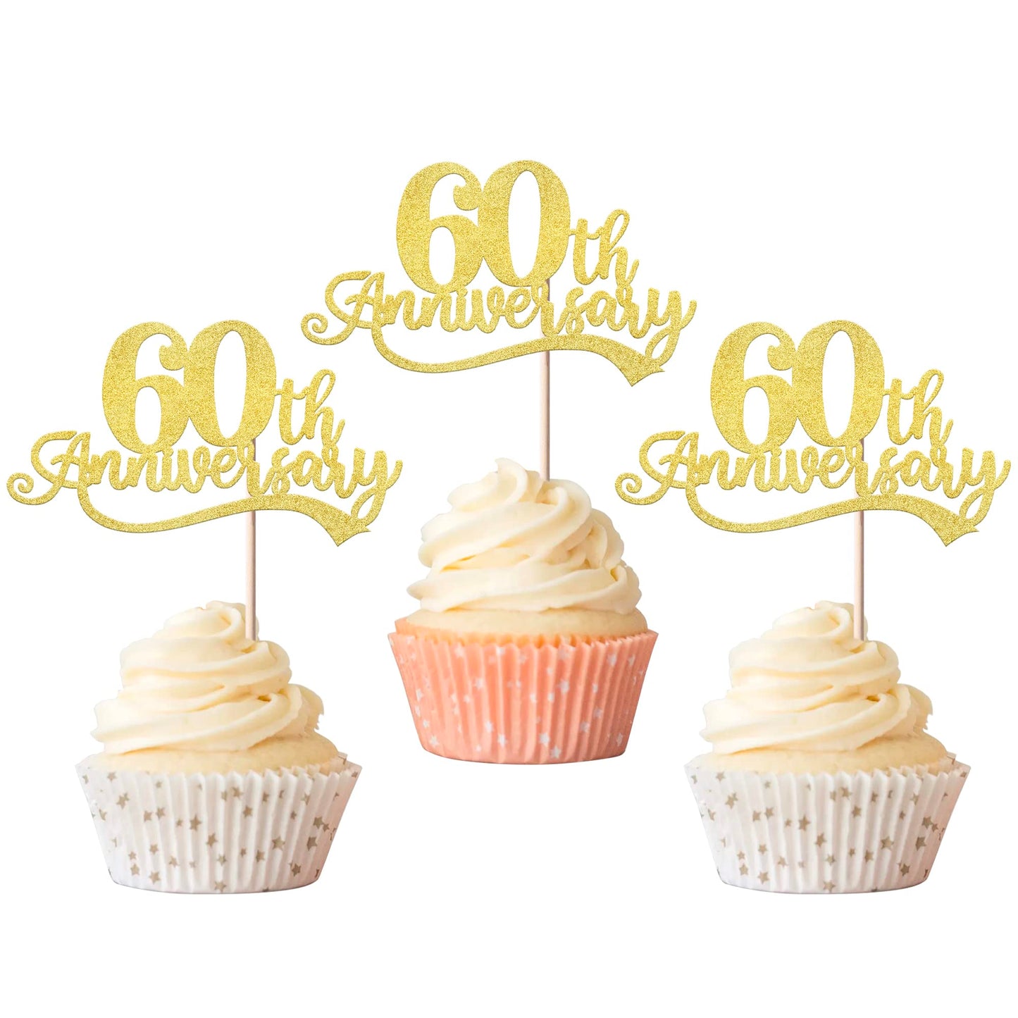 Rsstarxi 24 Pack 60Th Anniversary Cupcake Toppers Glitter Cheers To 60 Years Wedding 60 Th Birthday Cupcake Picks For Happy 60Th Anniversary Birthday Retirement Party Cake Decorations Supplies Gold