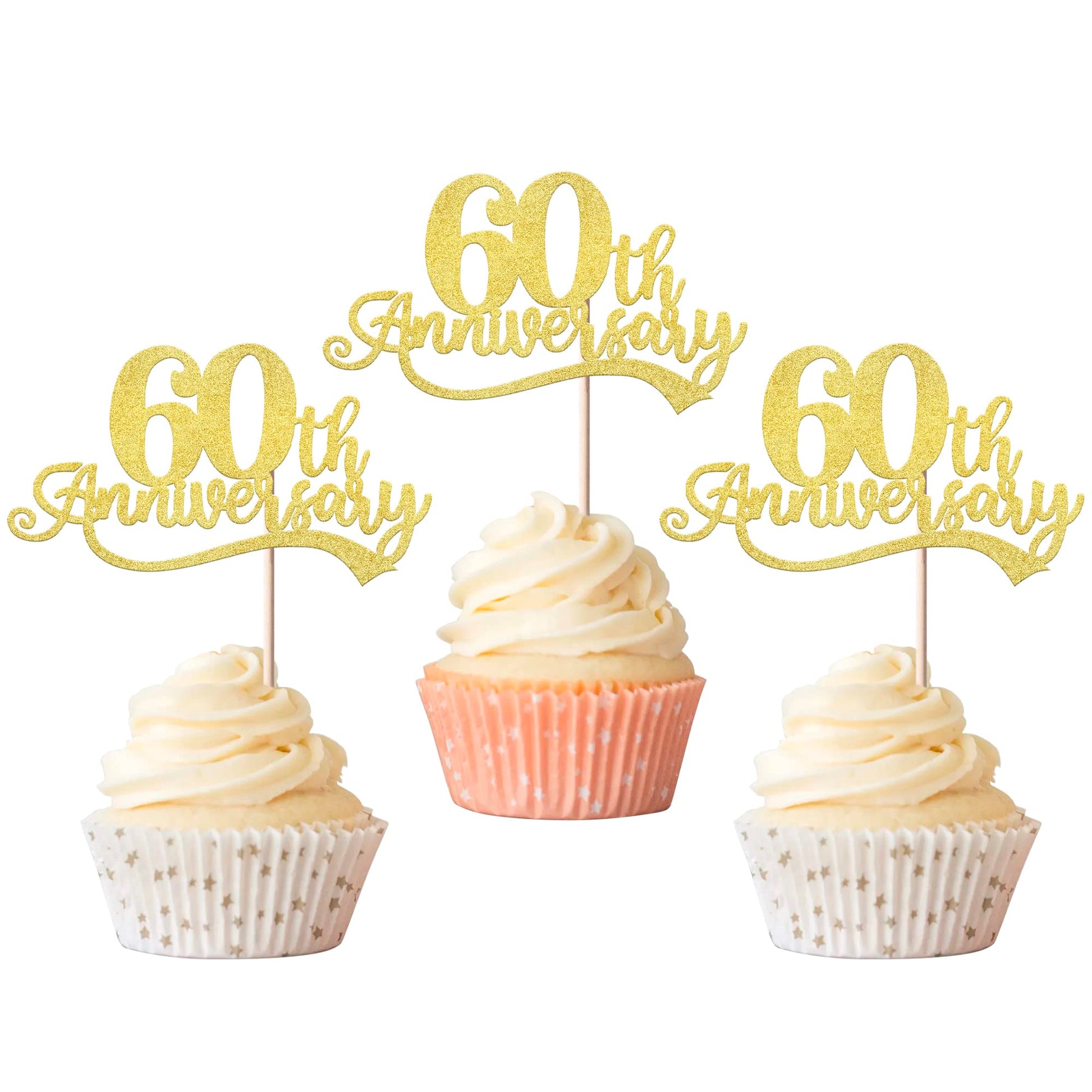 Rsstarxi 24 Pack 60Th Anniversary Cupcake Toppers Glitter Cheers To 60 Years Wedding 60 Th Birthday Cupcake Picks For Happy 60Th Anniversary Birthday Retirement Party Cake Decorations Supplies Gold
