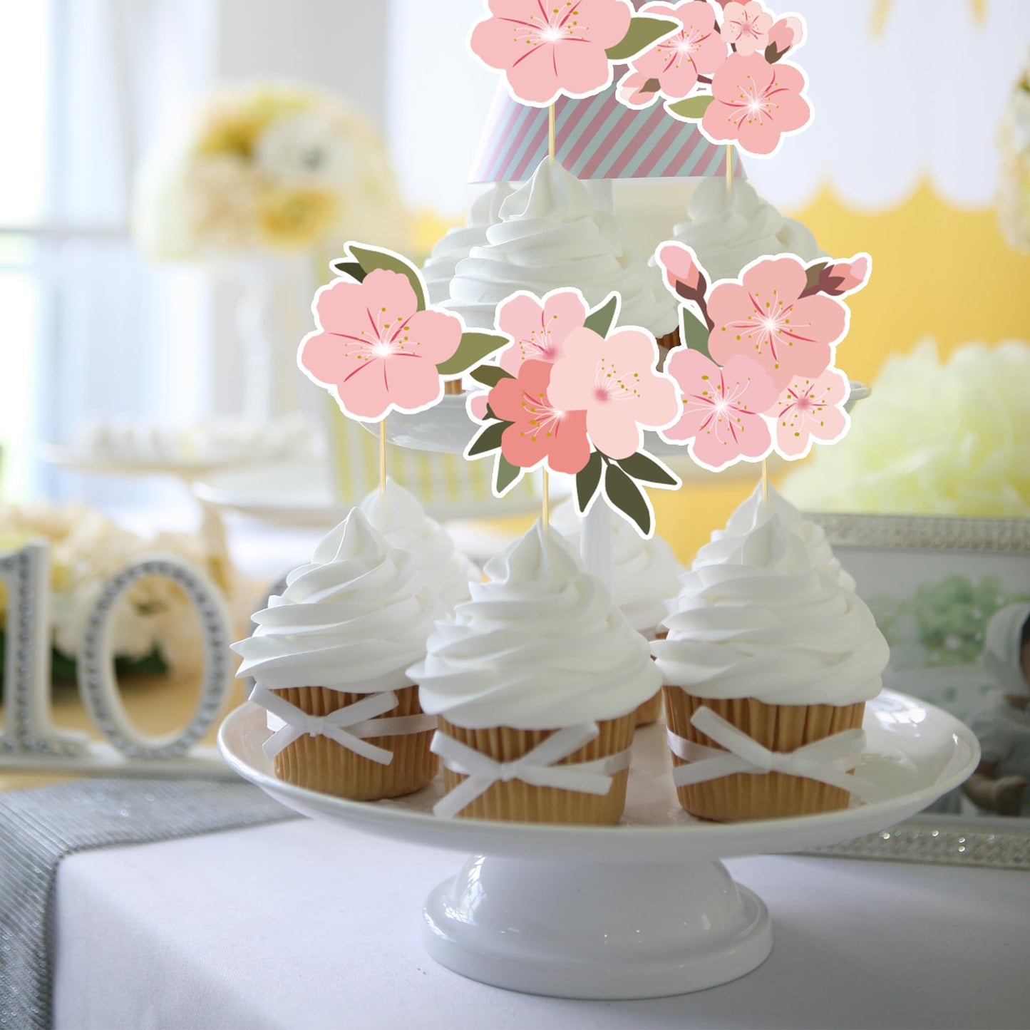 24Pcs Cherry Blossom Cake Decoration Cherry Blossom Flowers Cupcake Toppers Flowers Cake Decoration Wedding Birthday Baby Shower
