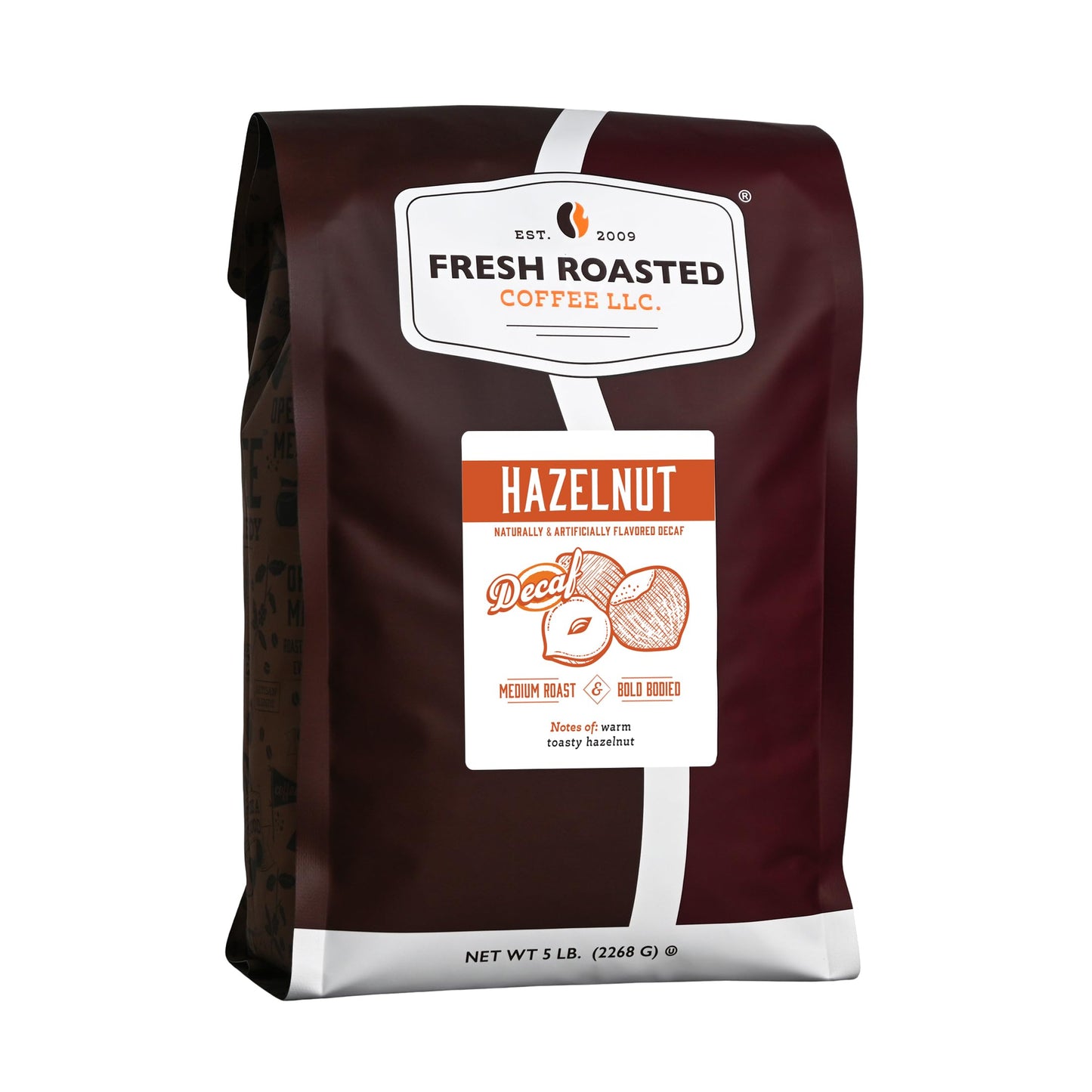 Fresh Roasted Coffee Decaf Hazelnut Flavored Whole Bean, Medium Roast, 5 lb (80 oz)