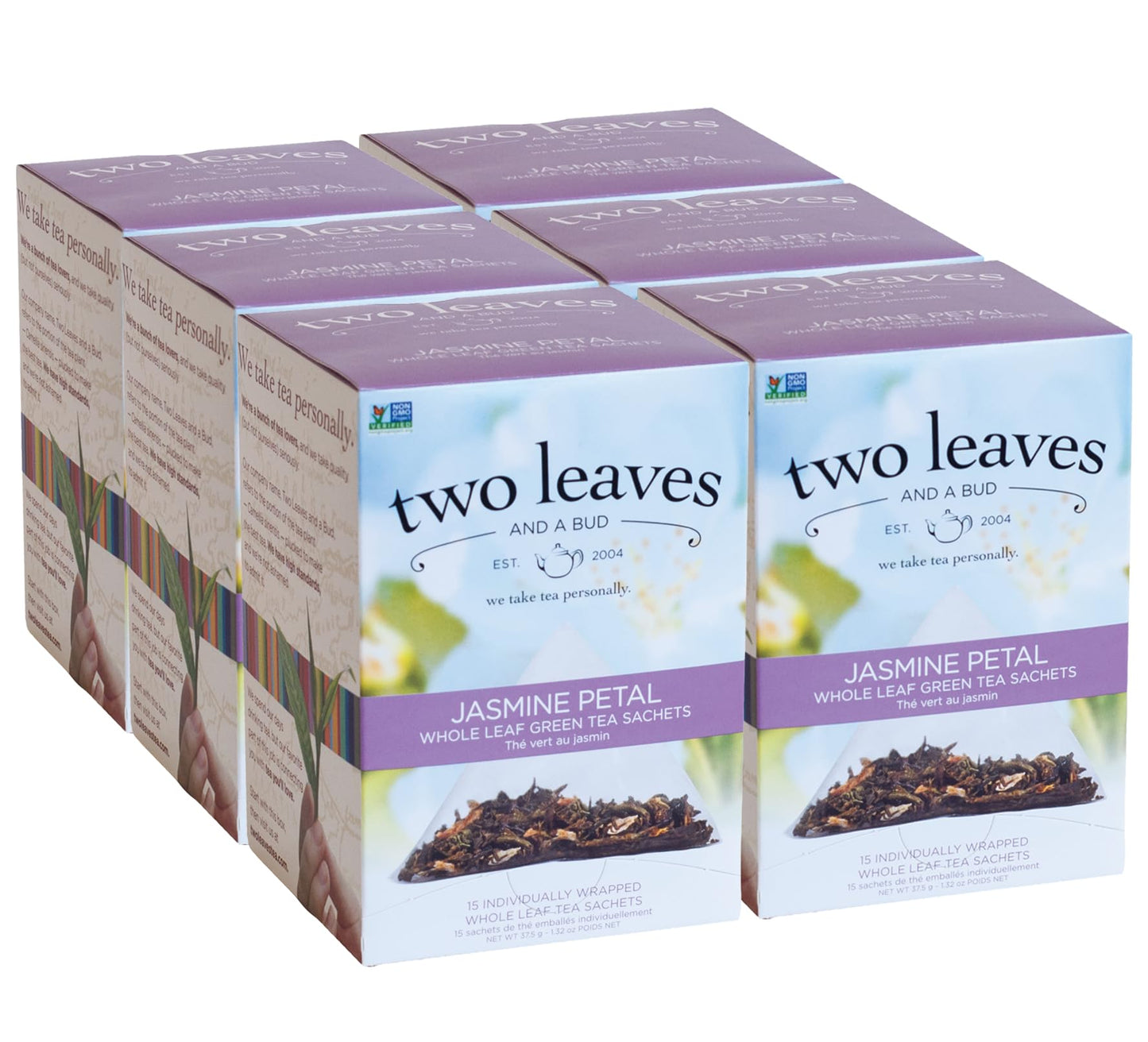 Two Leaves and a Bud Jasmine Green Tea Bags, Whole Leaf in Pyramid Sachets, 15 Count (Pack of 6)