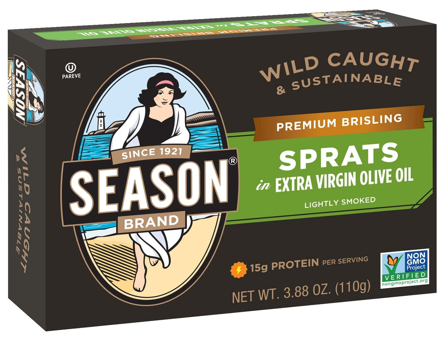 SEASON Brisling Sprats in Extra Virgin Olive Oil, Lightly Smoked, Canned Sardines, 3.88 Oz Tins, 12-Pack