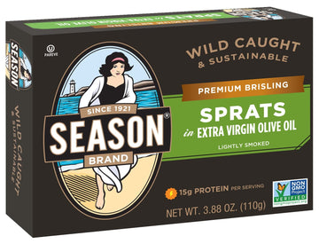 Season Brisling Sprats In Extra Virgin Olive Oil - Lightly Smoked, Wild Caught, 15G Of Protein, Keto Snacks, More Omega 3S Than Tuna, Kosher, High In Calcium, Canned Sardines - 3.88 Oz Tins, 6-Pack