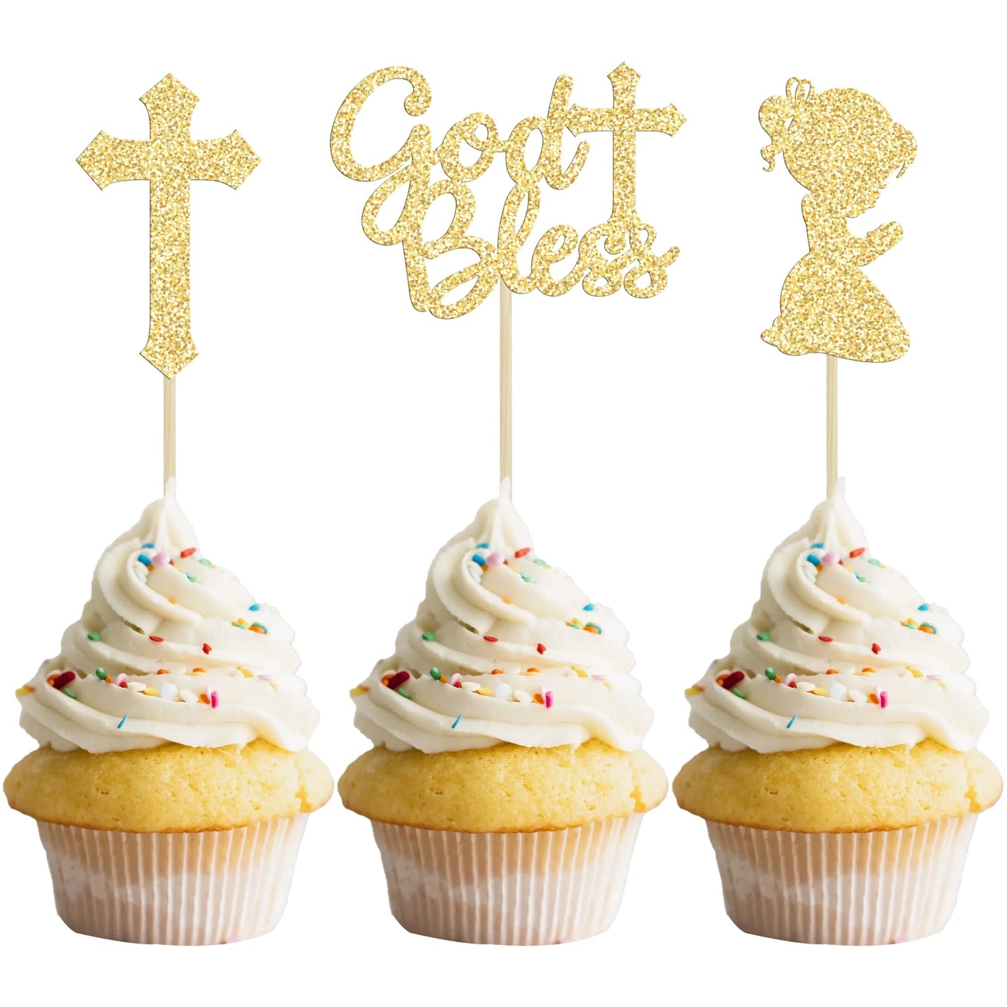 Gyufise 24Pcs Gold Glitter God Bless And Cross Cupcake Toppers Girl Babyshower Cake Topper Decorations For Babyshower Girl Bapti