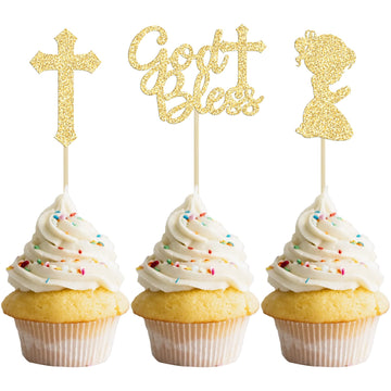 Gyufise 24Pcs Gold Glitter God Bless And Cross Cupcake Toppers Girl Babyshower Cake Topper Decorations For Babyshower Girl Bapti