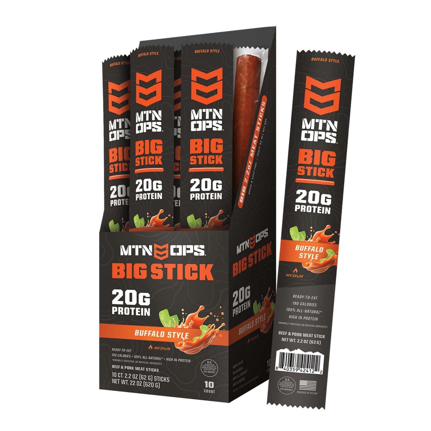 Mtn Ops Big Stick High Protein Meat Sticks - 20G Protein  10% Collagen - Buffalo Style Flavor - Individually Wrapped Beef Snacks - 10 Count Carton