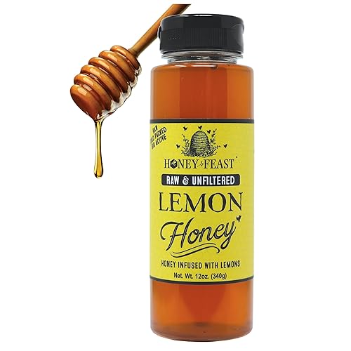 Honey Feast Organic Lemon Honey 12Oz | Raw Unfiltered Honey Infused With Florida Organic Lemon Zest | Perfect For Tea, Gourmet D