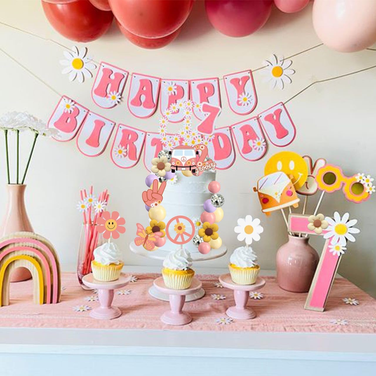 Ufromsky 57Pcs Groovy Cake Topper Boho Rainbow Cupcake Toppers Hippie Cake Decoration With Disco Balls And Daisy Flower Bus For