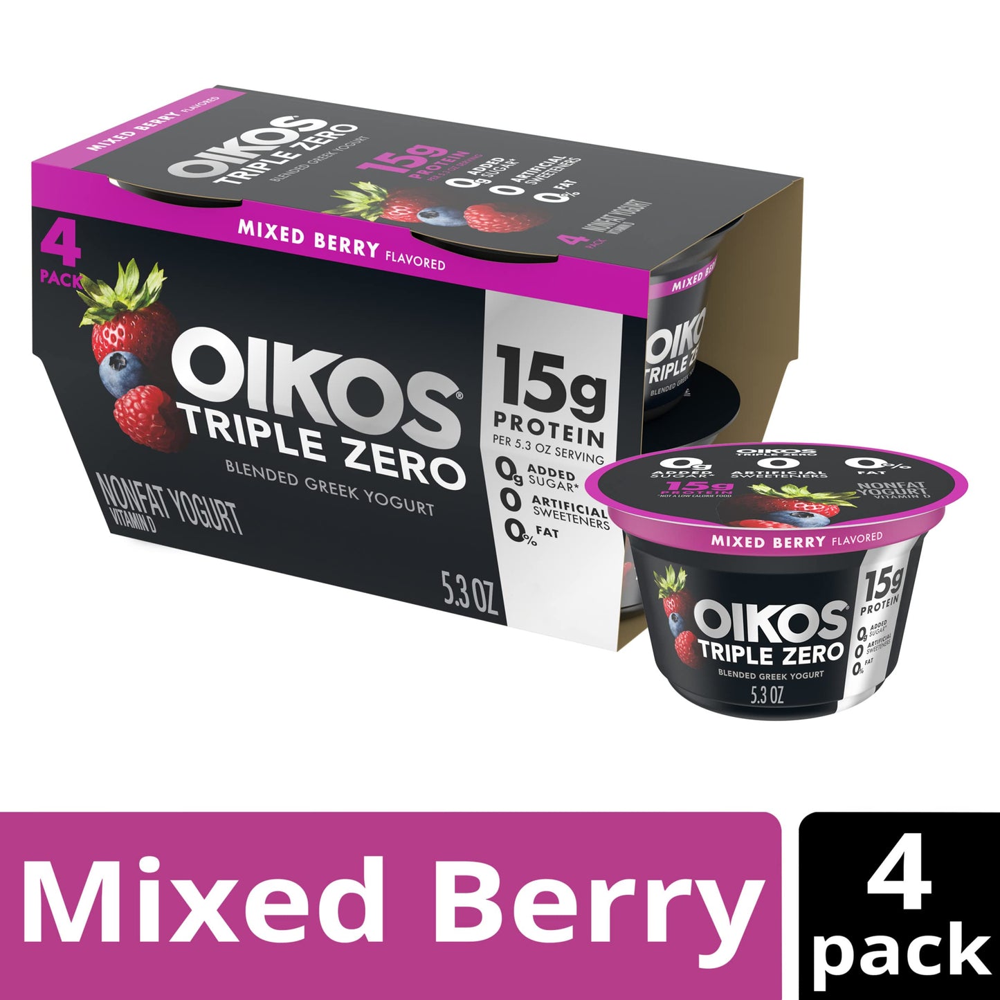 Oikos Triple Zero Mixed Berry Nonfat Greek Yogurt Pack, 0% Fat, 0g Added Sugar and 0 Artificial Sweeteners, Just Delicious High