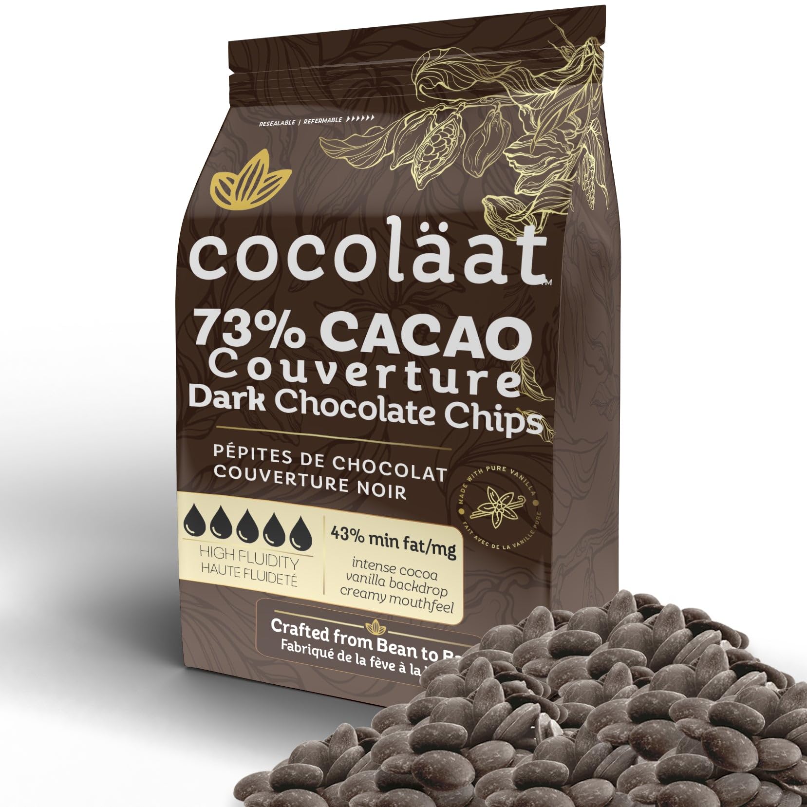Cocoläat Dark Couverture Chocolate Chips, 73% Cocoa, 12 oz, Culinary Grade, Dark Brown, Resealable Pouch