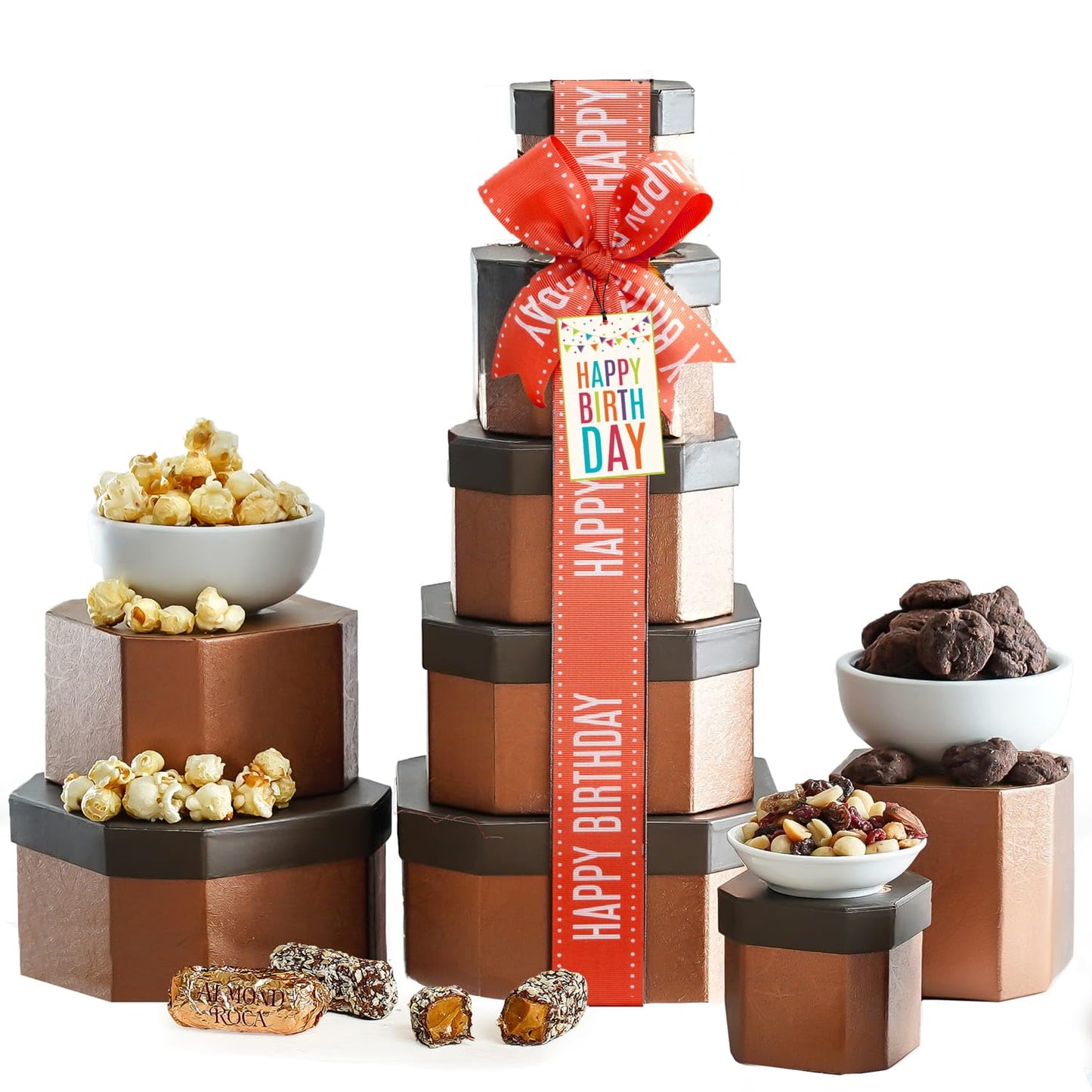 Broadway Basketeers Birthday Gift Basket Tower - Gourmet Snacks & Sweets Treat Box, 30 Ounces, Ideal for Women and Him