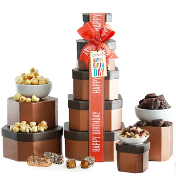 Broadway Basketeers Birthday Gift Basket Tower - Gourmet Snacks & Sweets Treat Box, 30 Ounces, Ideal for Women and Him