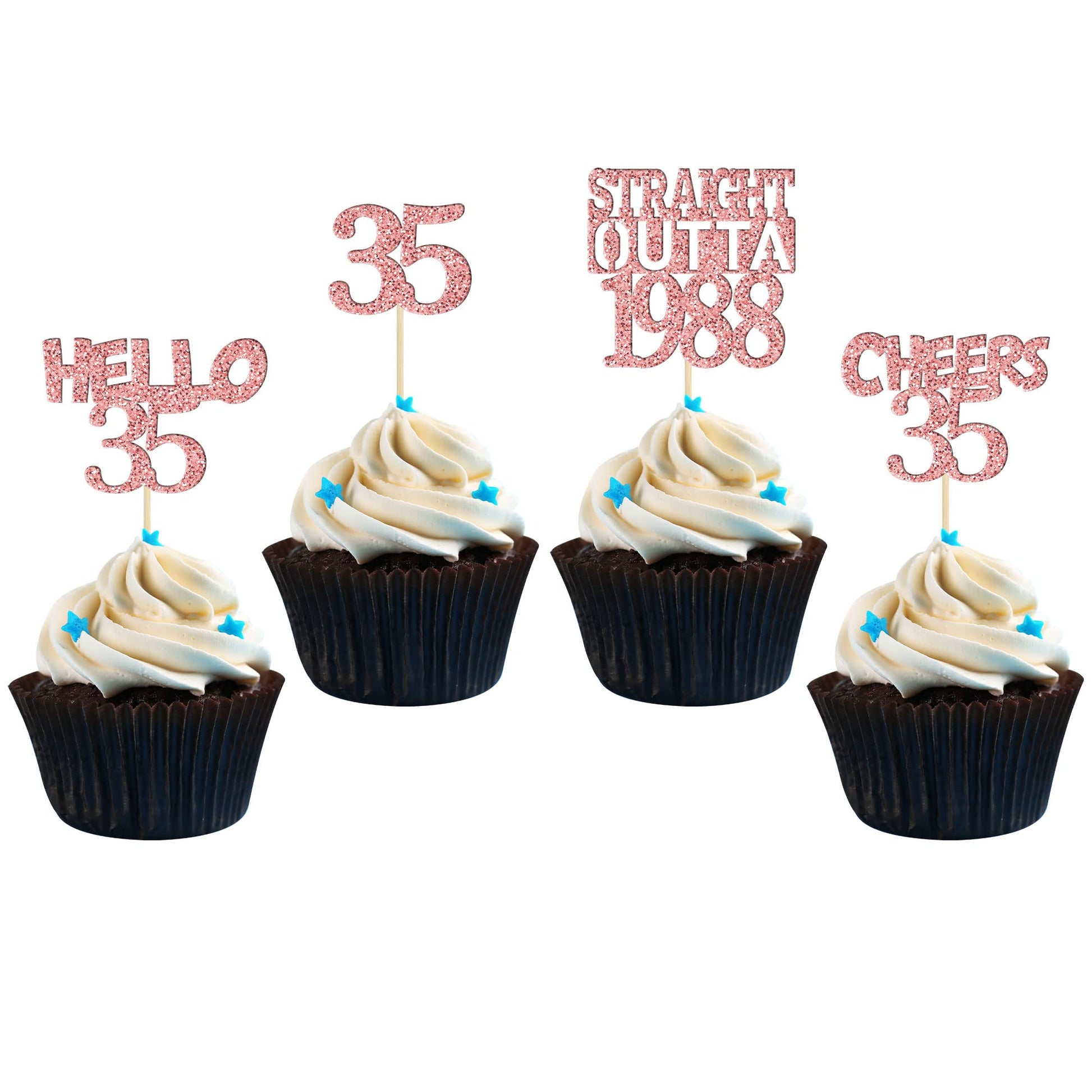 Gyufise 24Pcs Cheers to 35 Years Birthday Cupcake Toppers Glitter Thirty-five Straight Outta 1988 Cupcake Picks Happy 35th Cake