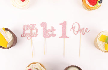 24Pack First Birthday Cupcake Topper - Glitter Pink One Cupcake Picks,1St Birthday Cupcake Decorations Supplies (Pink)