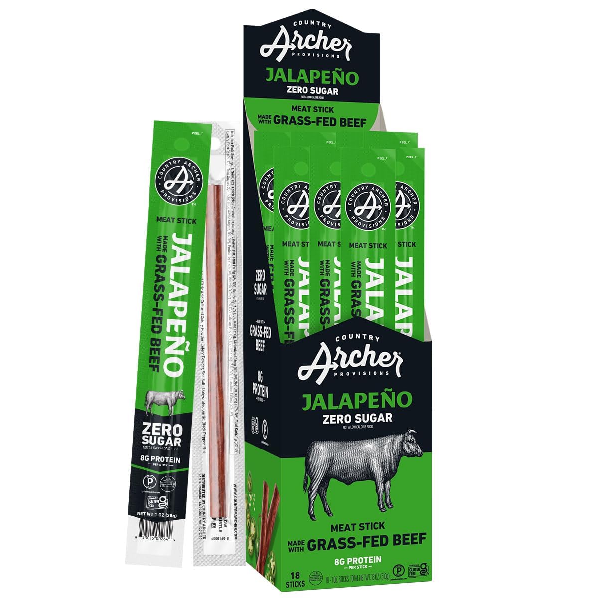 Country Archer Beef Jerky Sticks, Jalapeno, Grass Fed, Gluten Free, Paleo, Keto, 1 oz (Pack of 18)