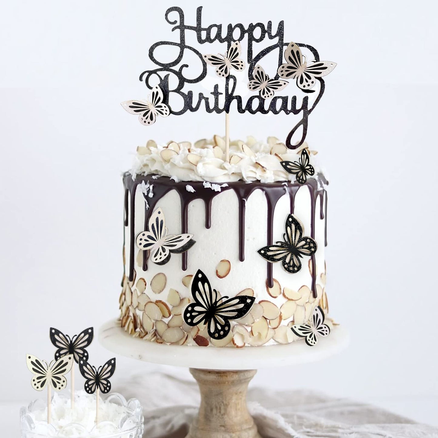 MILIYUKI Butterfly Cake Toppers, 13-Piece Set, 3D Paper Decoration, Black White, Model HB-176