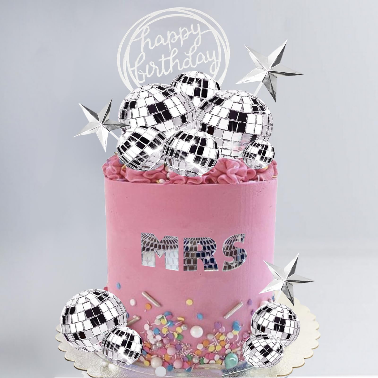 37Pcs Disco Ball Cake Toppers Silver Disco Balls Cake Decorations With Mirror Balls Happy Birthday Cake Topper Star Cake Toppers