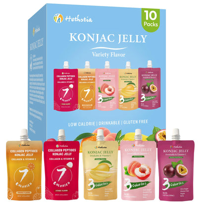 Hethstia Konjac Jelly Drinkable Pouch Variety Pack - Low Calorie, 0 Sugar, Gluten-Free, Collagen Peptides & Vitamin C - 10 Pack 