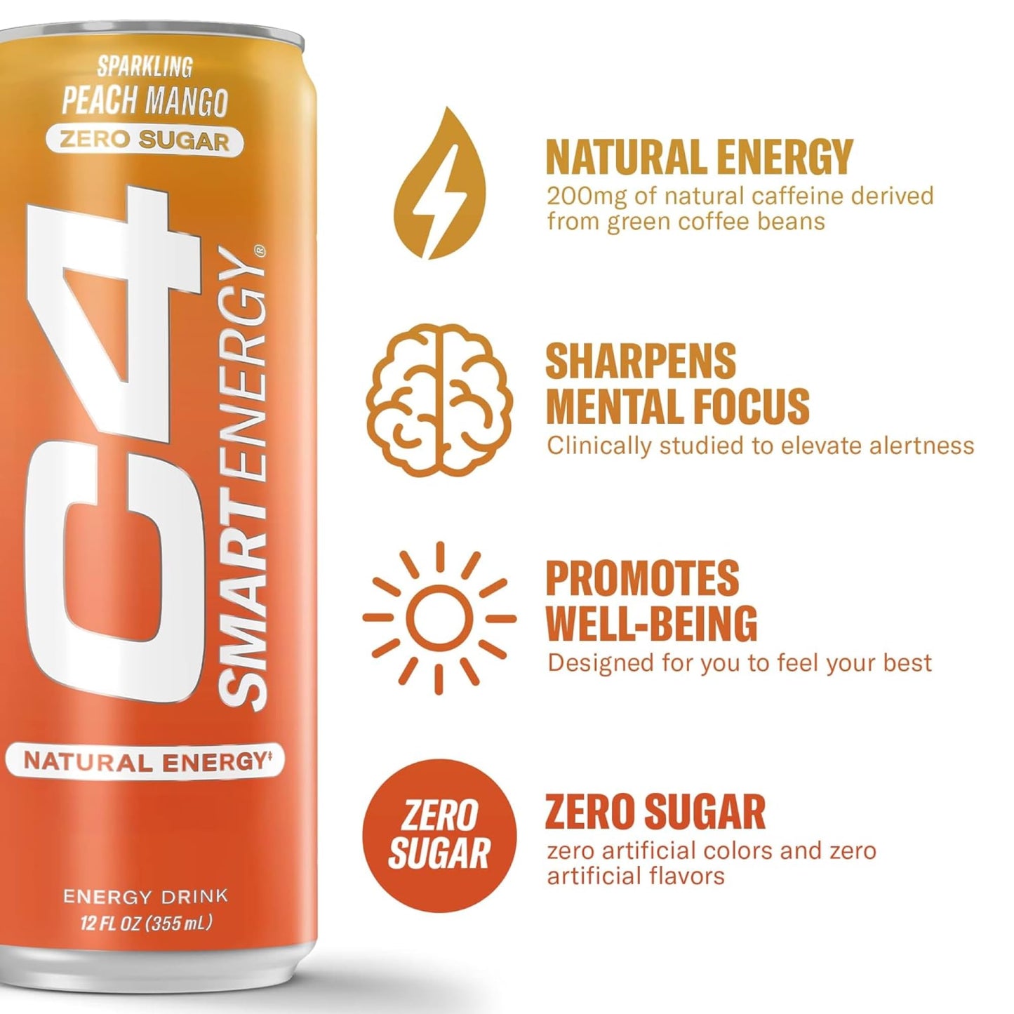 C4 Smart Energy Drink - Boost Focus and Energy with Zero Sugar  Natural Energy  and Nootropics - 200mg Caffeine - Peach Mango (12oz Pack of 12)