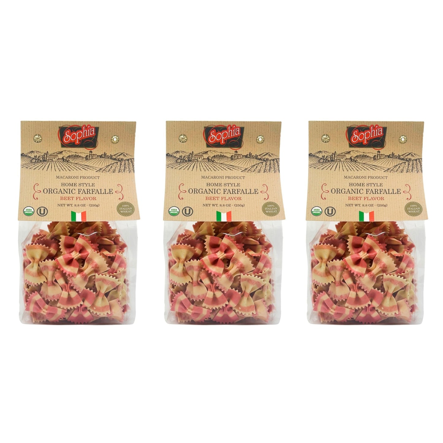 Sophia Foods Two-Color Farfalle Pasta, Beet Flavored, 8.8oz Bag - Organic and Artisanal (3-pack)