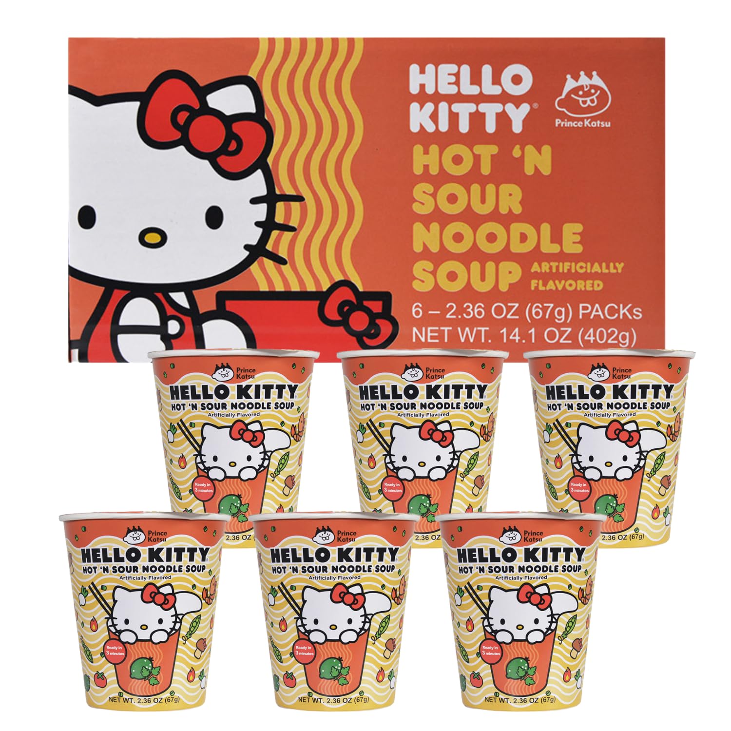 Hello Kitty Instant Ramen Noodle Cup | 6 Pack | Hot And Sour Flavor | Premium Microwaveable Ramen Soup Mix, Asian Snacks