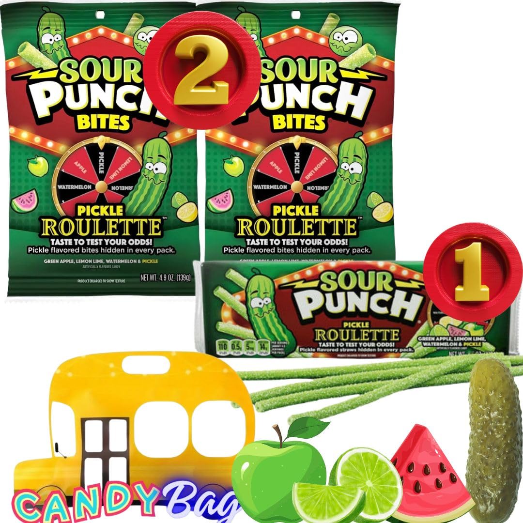 (PACK OF 3 - Total 14.2oz) Sour Straws Punch Bites Pickle Roulette - 2 Bags of Pickle Bites 4.9oz Each and 1 Tray of Pickle Stra