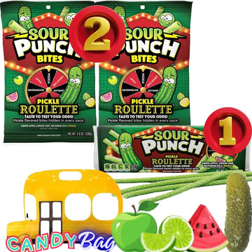 (PACK OF 3 - Total 14.2oz) Sour Straws Punch Bites Pickle Roulette - 2 Bags of Pickle Bites 4.9oz Each and 1 Tray of Pickle Stra
