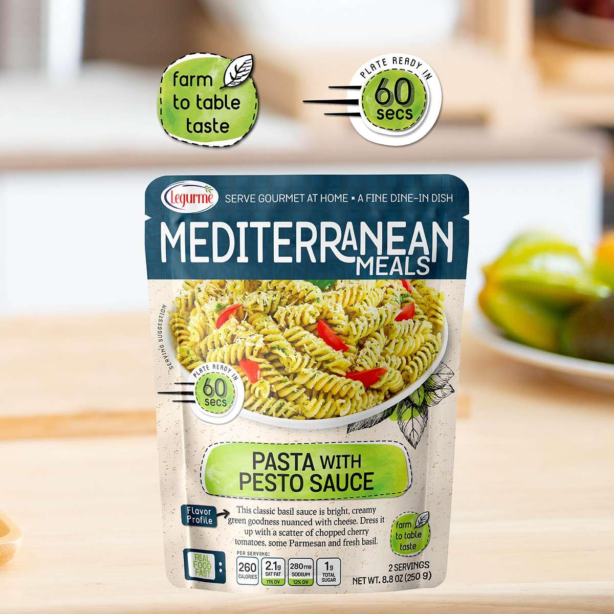 Mediterranean, Ready To Eat Pasta With Pesto Sauce, No Preservatives, No Colorants, No Artificial Flavors, 8.8 Oz (Pack Of 1)