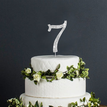 Number Cake Topper 7, Uniideco Silver Rhinestone Premium Metal Bling Bling Cake Decor, Sparkly Happy Birthday Wedding Anniversar