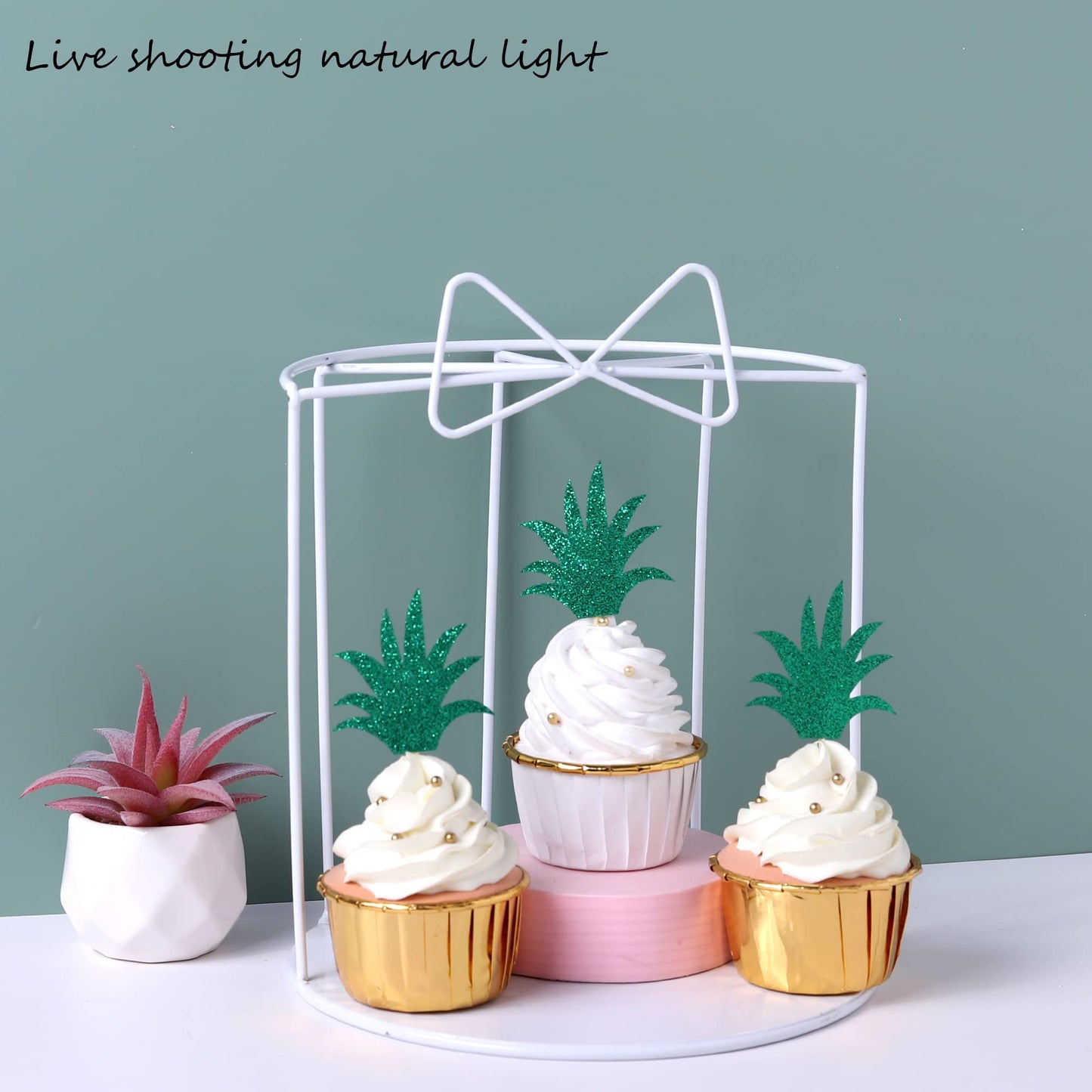 Rssta i Pineapple Leaf Cupcake Toppers, Green Glitter, 2.1x4.8 inches, Model XM094, Tropical Theme Party Supplies