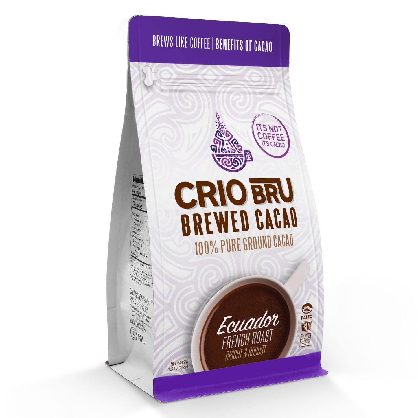 Crio Bru Brewed Cacao Ecuador French Roast Coffee Alternative 100 Percent Pure Cacao Beans 99 Energy Blend Free 24 Ounce Non Organic