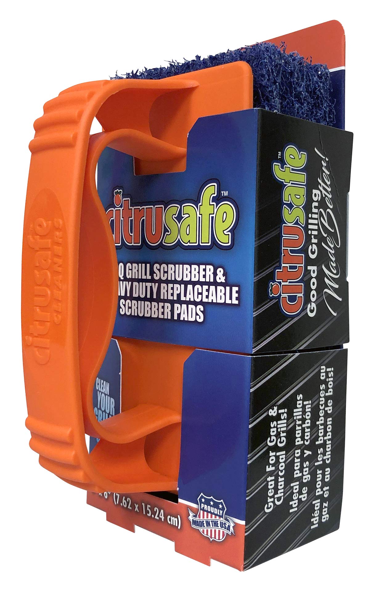 Citrusafe Bbq Grill Scrubber With 3 Heavy Duty Replaceable Scrubber Pads - Removes Grease And Burnt Food Safely From Grill Grate
