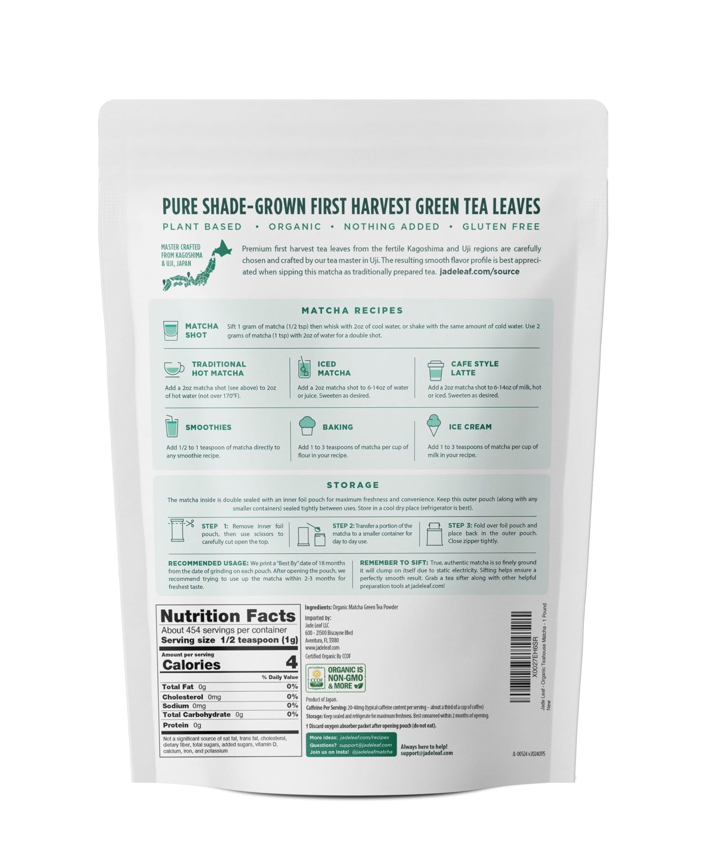 Jade Leaf Matcha Organic Ceremonial Grade Green Tea Powder - 1 Pound Pouch - Authentic Japanese Origin - Powder