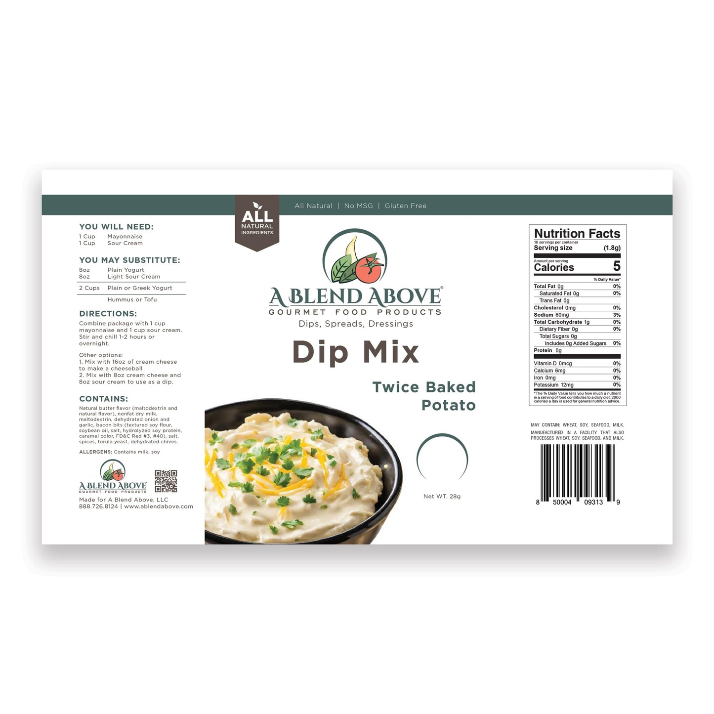 A Blend Above Twice Baked Potato Dip Mix, Gluten-Free, Vegan, 3 Packs, 1 oz Each